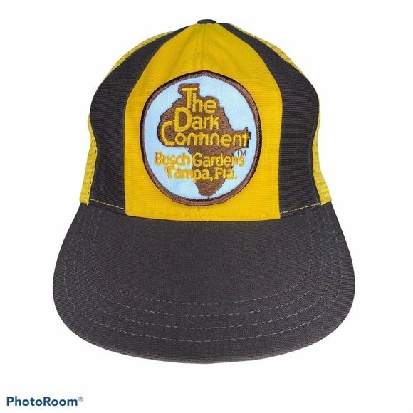 Vintage Busch Gardens Hat 80s The Dark Continent Yellow Snap Back Cap Mesh USA - Picture 1 of 6